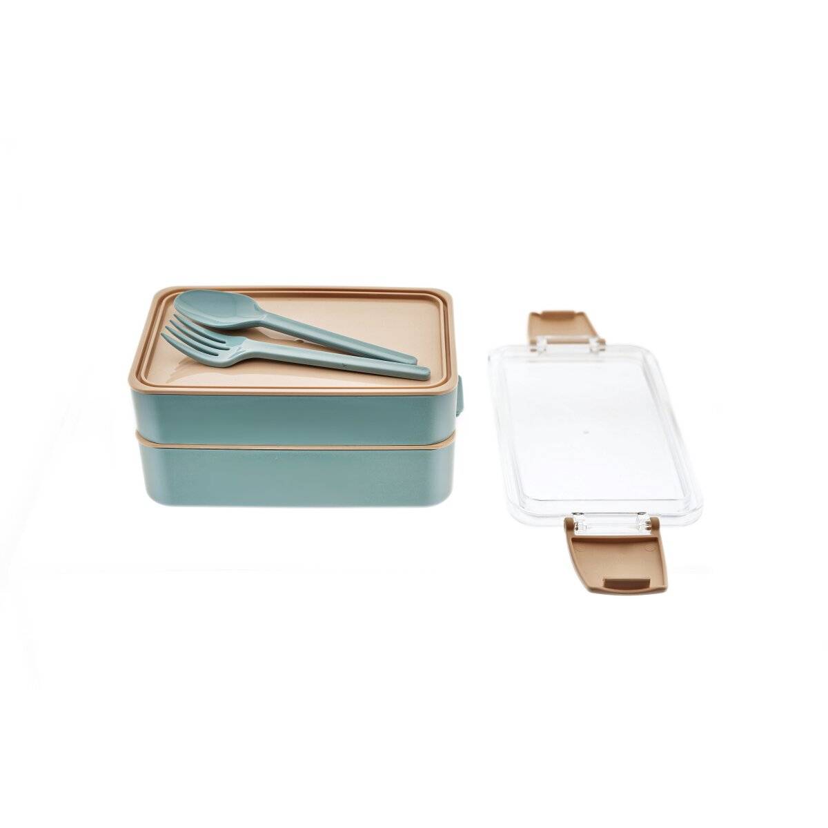 Lunchbox met 4 onderdelen, compartimenten en bestek - lunchbox voor school en kantoor, lichtblauw-roze-1
