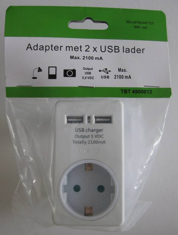 Adapter met 2x USB lader - 2100 mA - 1 - stuk - wit