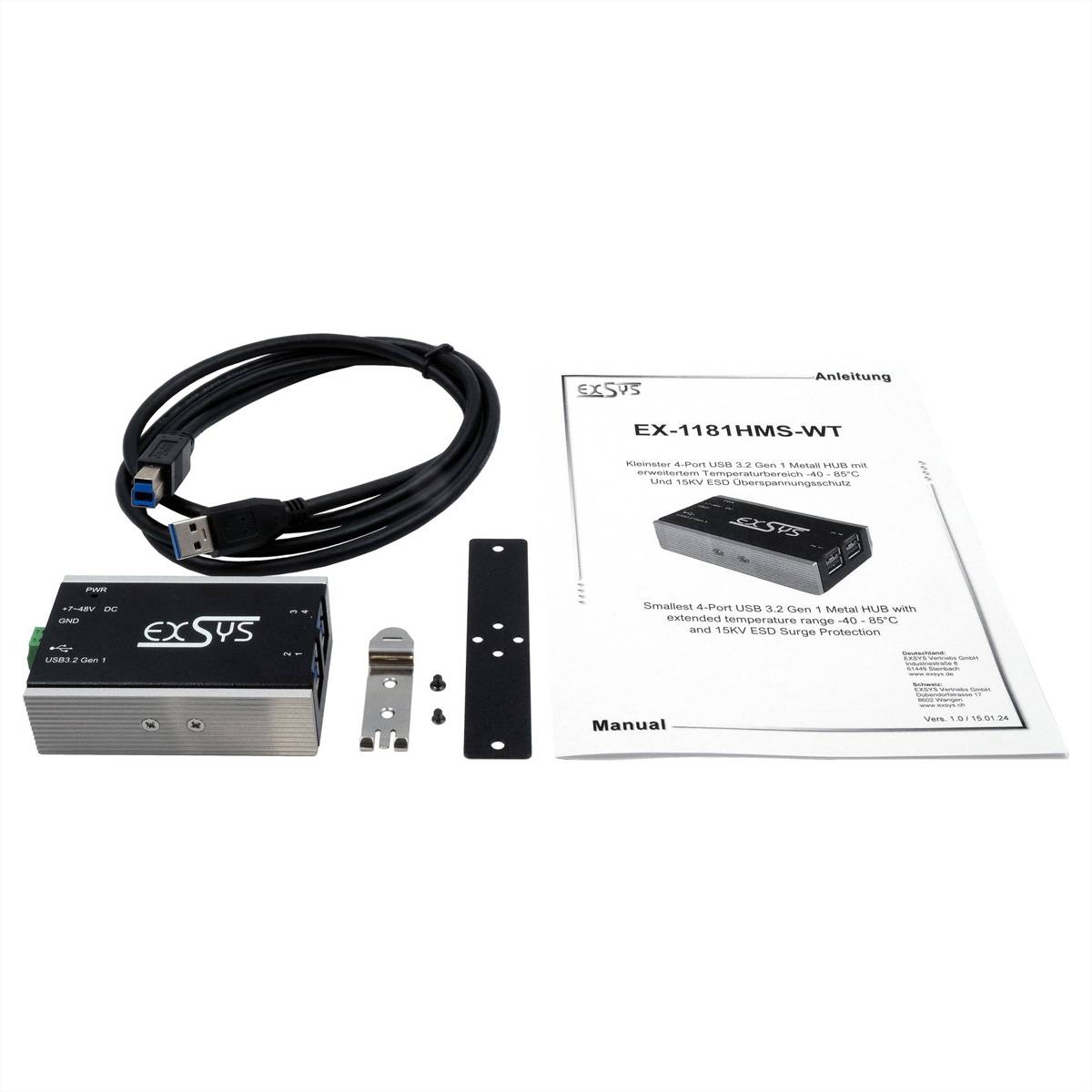 Exsys EXSYS GmbH Kleinster 4-Port USB 3.2 Gen 1 Metall HUB, 15KV ESD Schutz, -40°C bis USB-hub Zwart-2