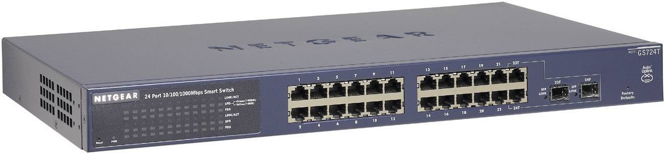Een Netgear-netswitch met 24 Ethernet-poorten en twee extra SFP-poorten, geschikt voor gebruik in netwerkinfrastructuren.