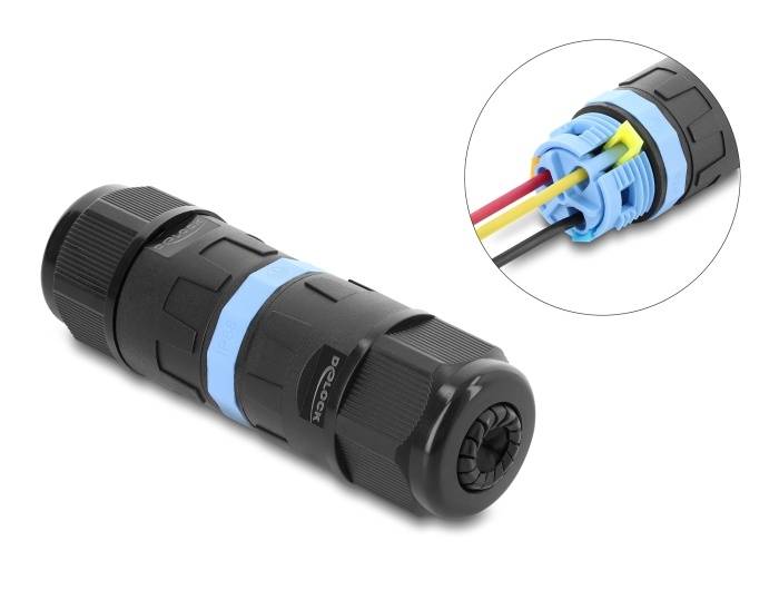 Delock Cable Connector with clamp connection 3 pin, IP68 waterproof, cable diameter 5 - 9 mm, incl. seals for 9 - 12-0