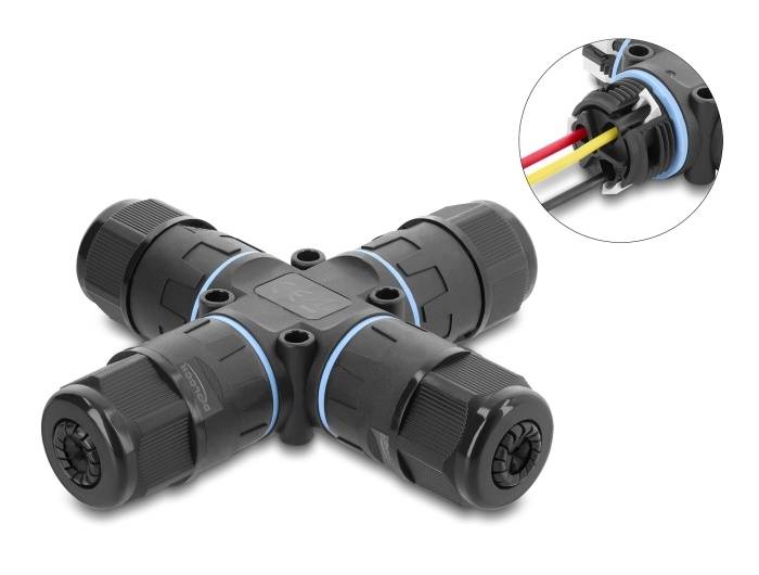 Delock Cable Connector X-shape with clamp connection 3 pin, IP68 waterproof, cable diameter 5 - 9 mm, incl. seal for 9-0