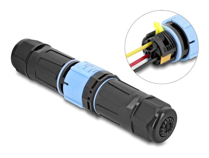 Delock Cable Connector with bayonet lock 3 pin male to female, IP68 waterproof, cable diameter 5 - 9 mm, incl. seals-0