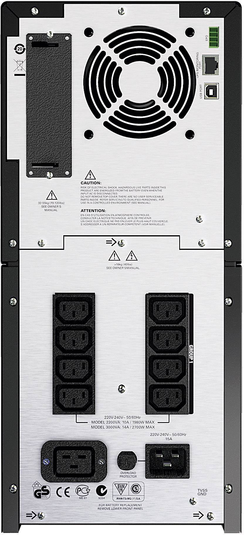 Achterkant van een elektronisch apparaat met verluchtingsrooster, meerdere stroomaansluitingen en veiligheidslabels.