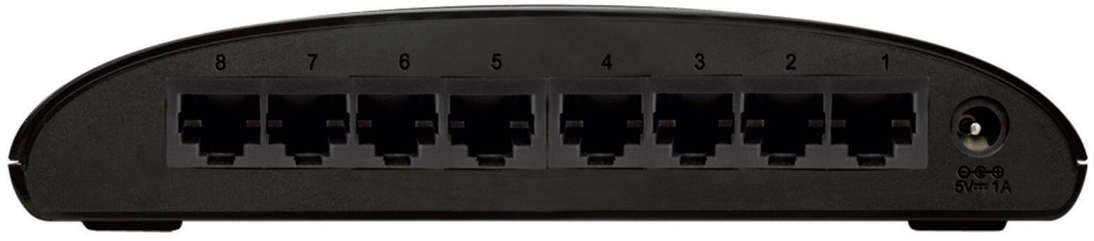 Een zwarte netwerk-switch met acht genummerde Ethernet-poorten (1 tot 8) en een stroomaansluiting aan de rechterkant.