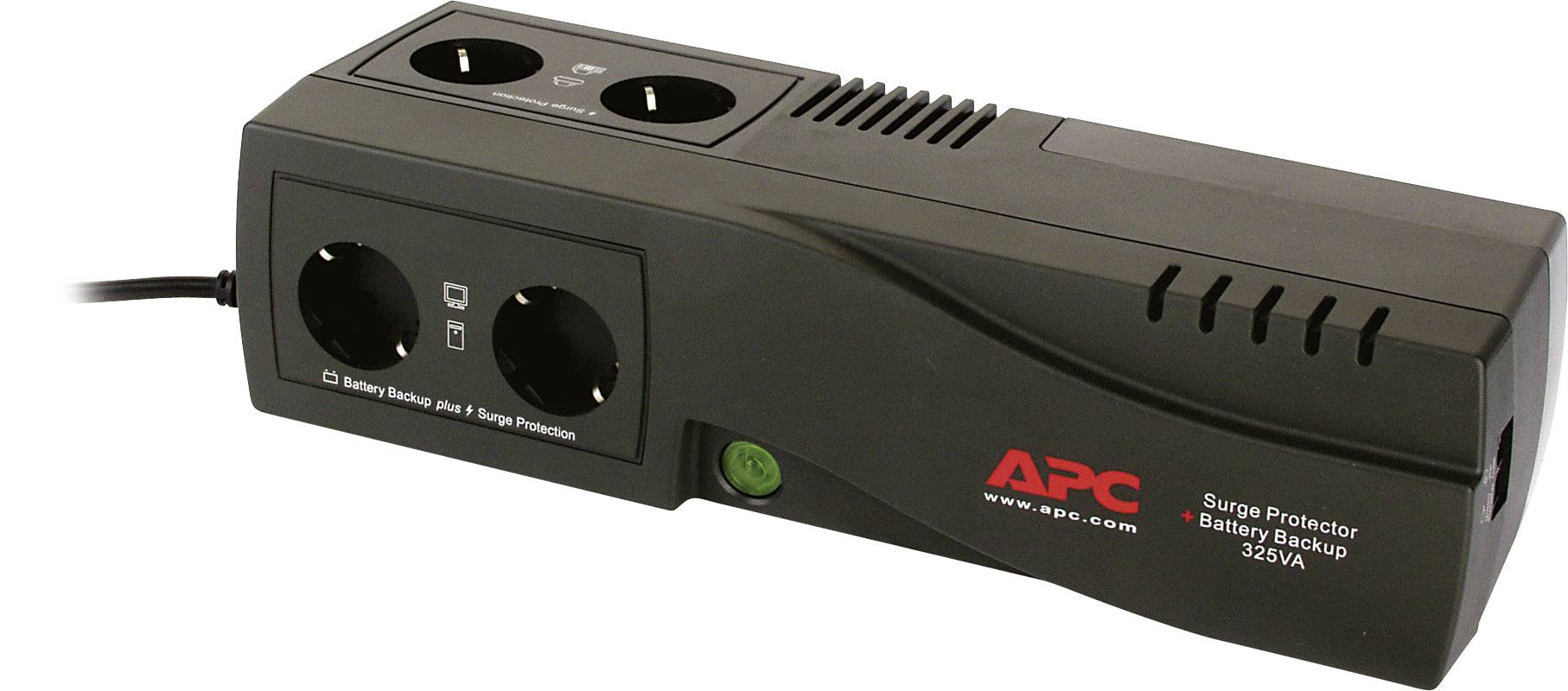 USV-apparaat (ononderbroken stroomvoorziening) van APC met twee stopcontacten voor noodstroom en overspanningsbeveiliging.