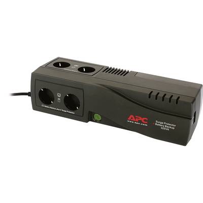 USV-apparaat (ononderbroken stroomvoorziening) van APC met twee stopcontacten voor noodstroom en overspanningsbeveiliging.