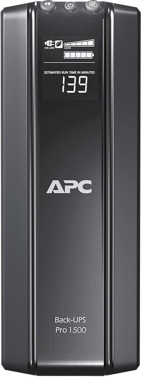 Zwarte APC Back-UPS Pro 1500. Digitaal display toont geschatte runtime van 139 minuten, batterij- en stroomstatus.