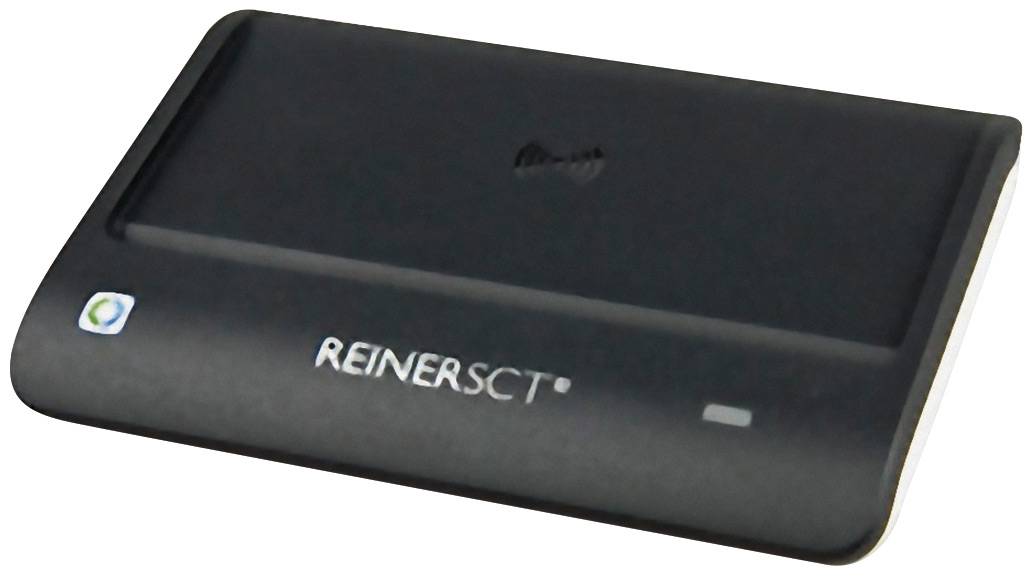 Kaartlezer in het zwart met opschrift 'REINERSCT'. Plat liggend, geschikt voor het lezen van chipkaarten voor online authenticatie.