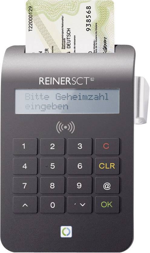 Een kaartleesapparaat met toetsenbord, waarbij op het display 'Voer uw pincode in.' staat. Bovenaan is een kaart ingestoken.