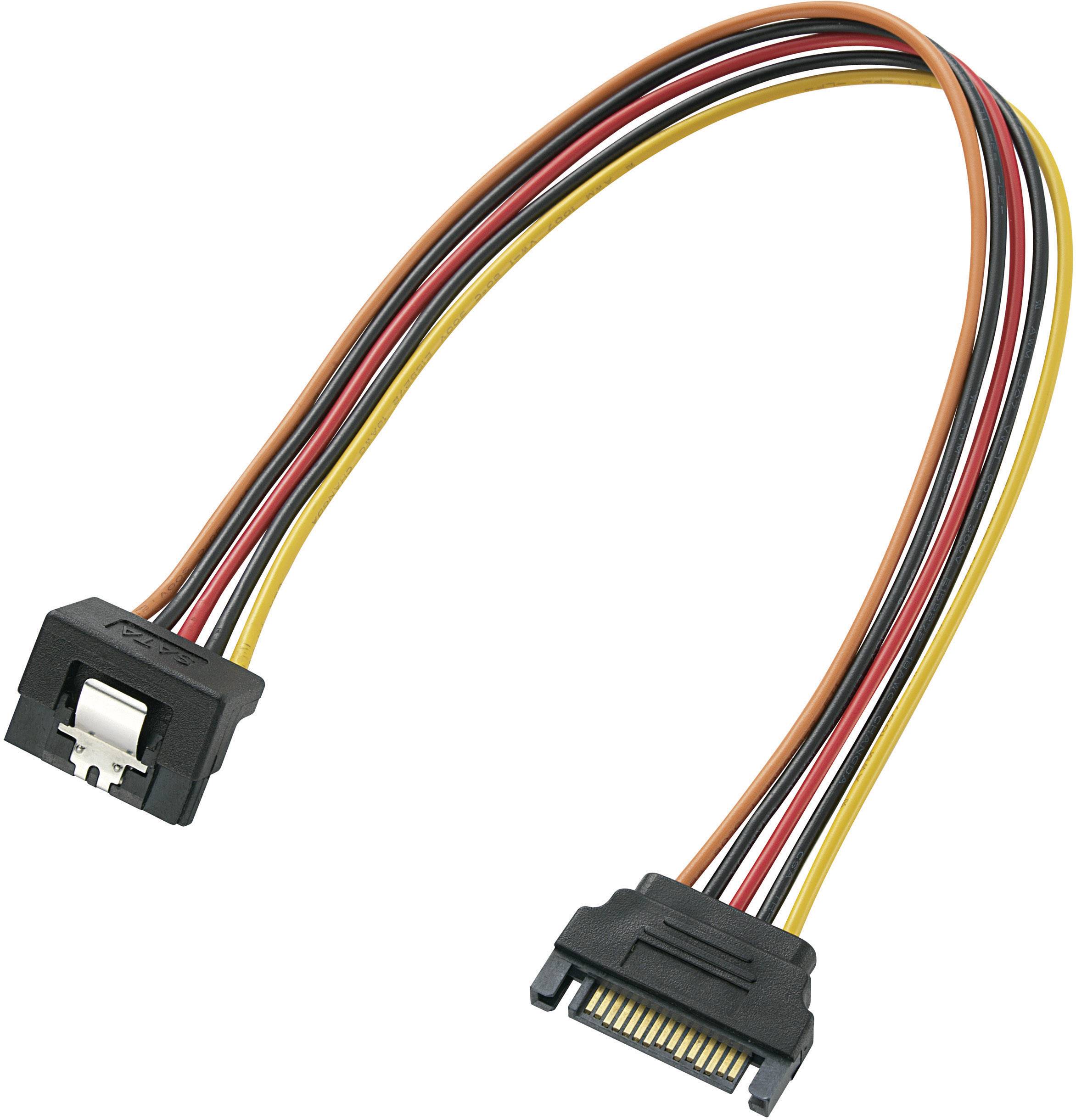 Een SATA-naar-eSATA-kabel met zwarte aansluitingen en rood, geel en zwart geïsoleerde draden, die wordt gebruikt voor gegevensoverdracht.