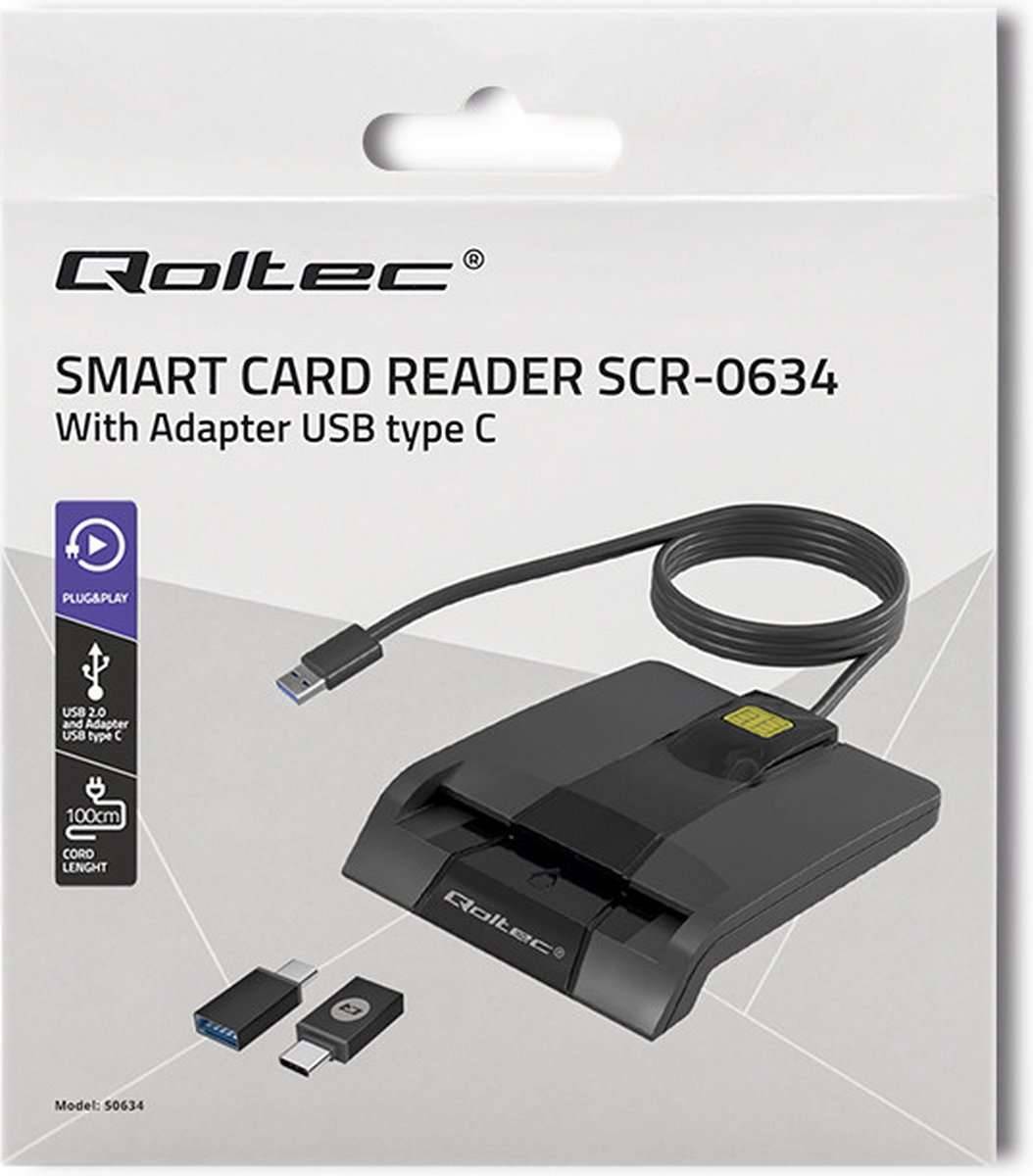 QOC Qoltec 50634 Intelligente Smart ID-chipkaartlezer SCR-0634 | USB-type C (5901878506340)-0