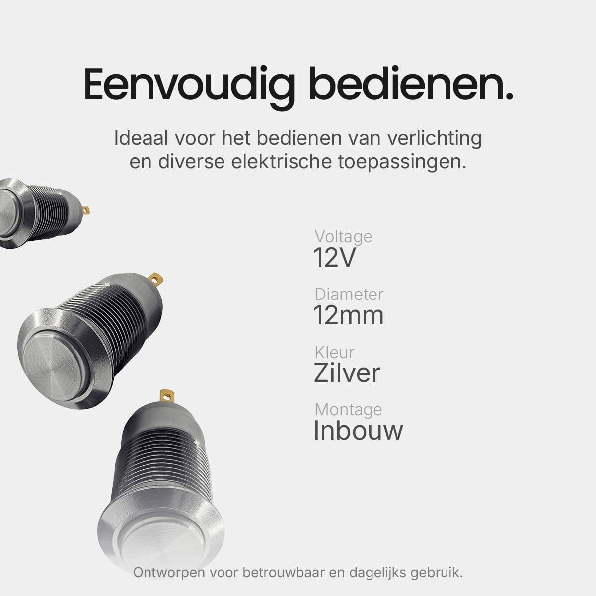 ProRide Mini Drukschakelaar ON-OFF - 12V/5A - Inbouw-Ø12mm - Met Aansluitkabel - Zilver - 3 Stuks-2