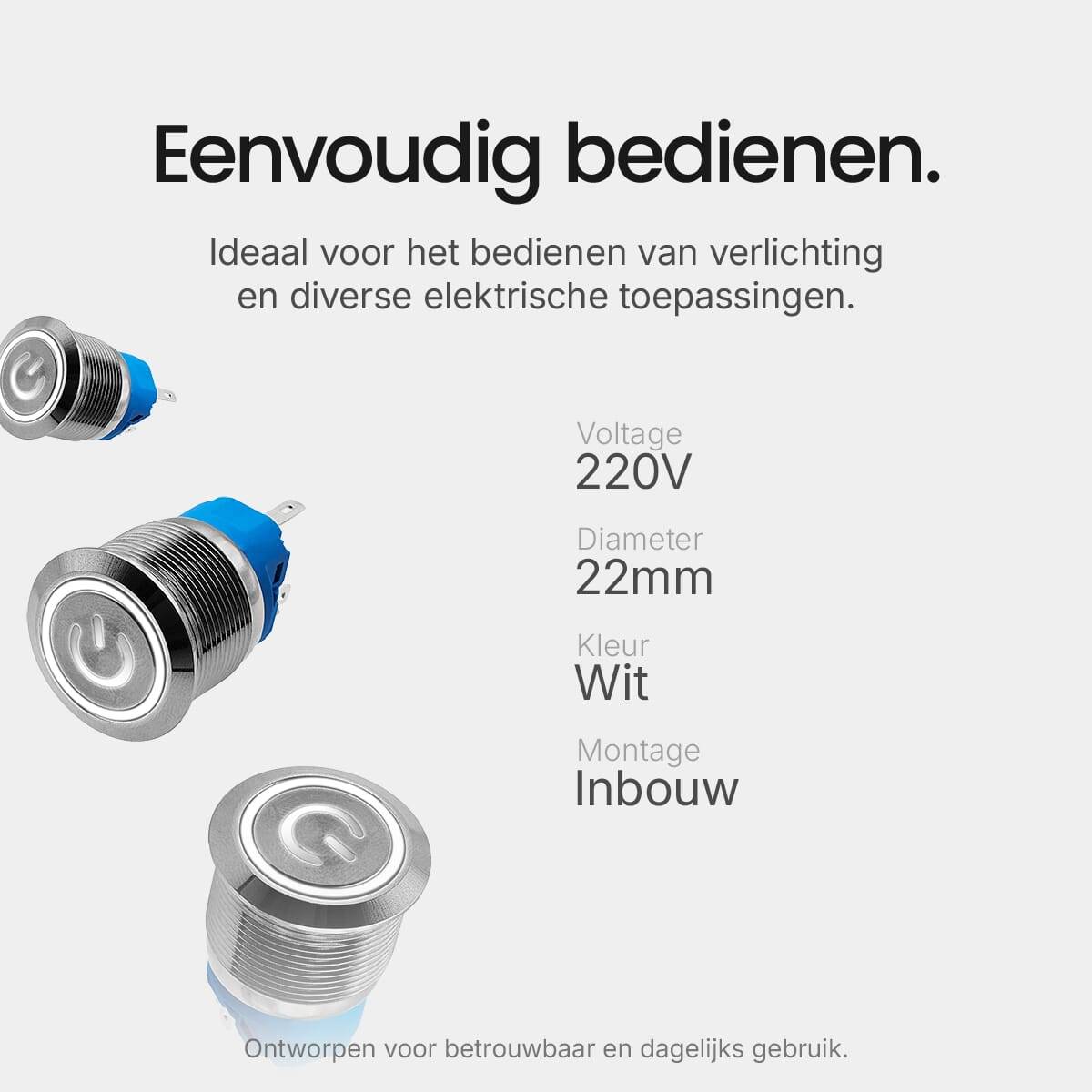 ProRide Drukschakelaar ON-OFF - 220V/5A - Inbouw-Ø22mm - Waterdicht - LED-Ring - Wit - 5 Stuks-2