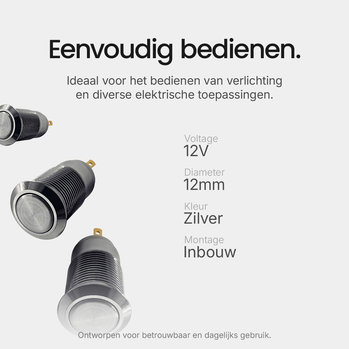 ProRide Pulsschakelaar OFF-(ON) - 12V/5A - Inbouw-Ø12mm - Met Aansluitkabel - Zilver - 3 Stuks-2
