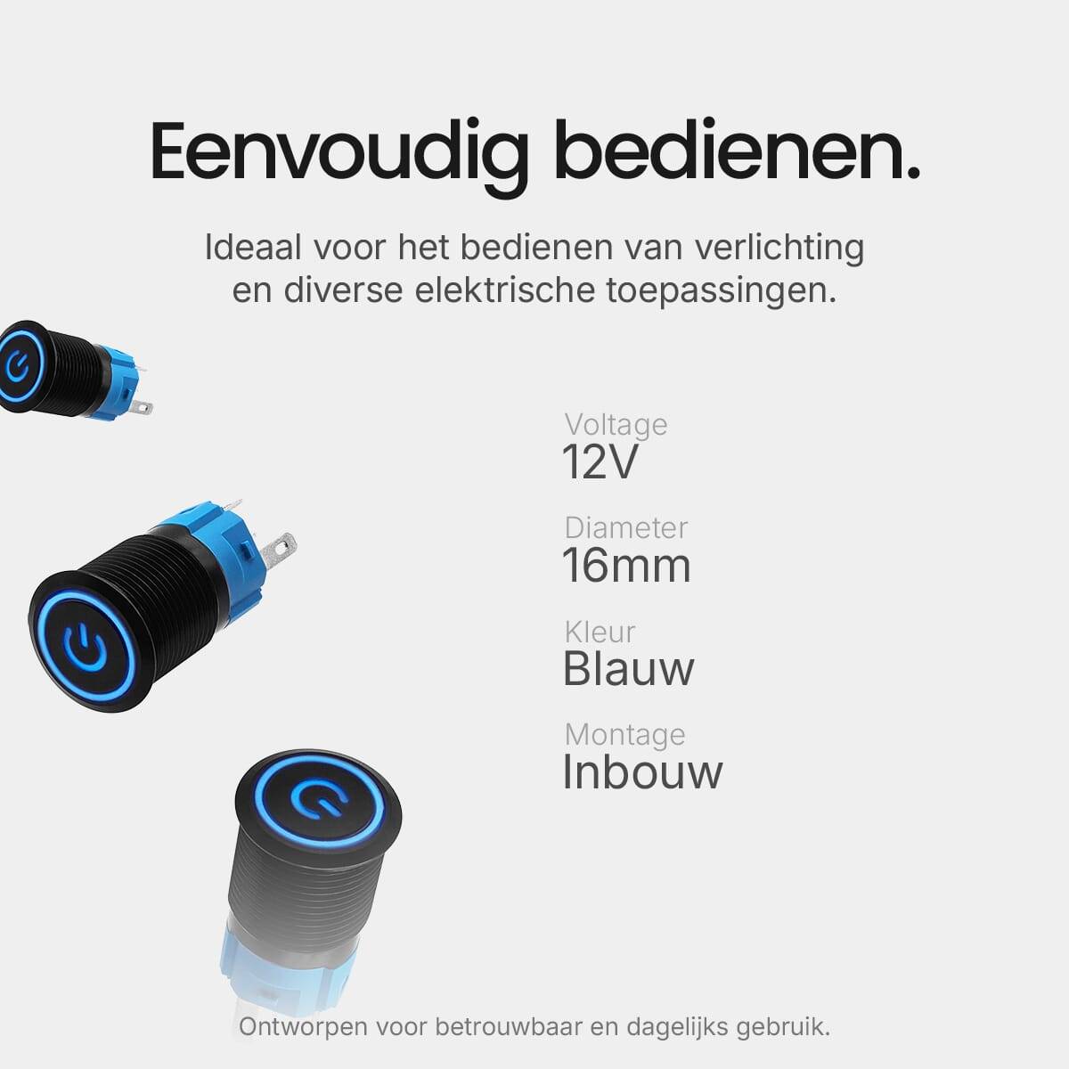 ProRide Drukschakelaar ON-OFF - 12V/5A - Inbouw-Ø16mm - Waterdicht - LED-Ring - Blauw - 3 Stuks-2