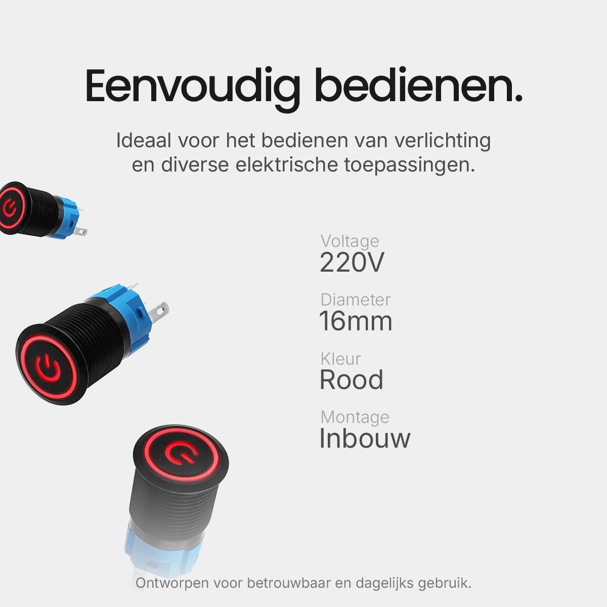 ProRide Drukschakelaar ON-OFF - 220V/5A - Inbouw-Ø16mm - Waterdicht - LED-Ring - Rood - 3 Stuks-2