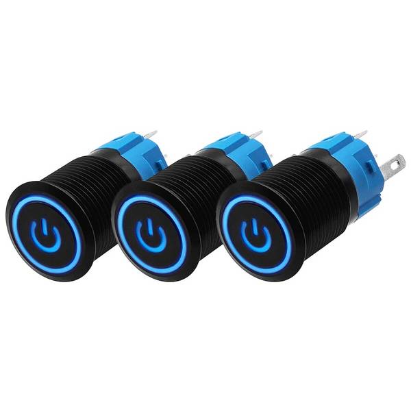 ProRide Drukschakelaar ON-OFF - 12V/5A - Inbouw-Ø16mm - Waterdicht - LED-Ring - Blauw - 3 Stuks