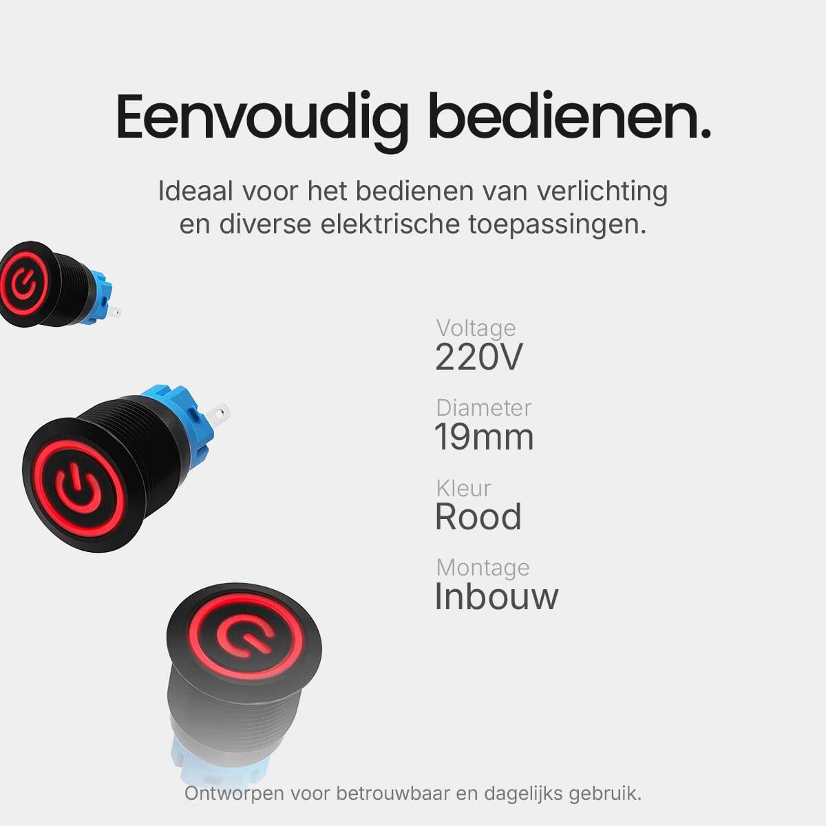 ProRide Drukschakelaar ON-OFF - 220V/5A - Inbouw-Ø19mm - Waterdicht - LED-Ring - Rood - 3 Stuks-2
