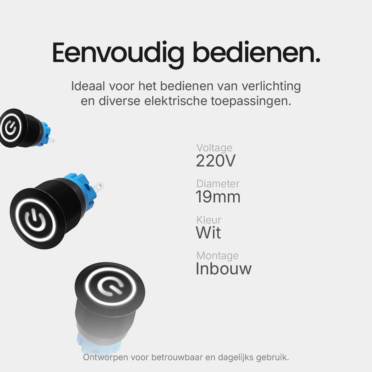 ProRide Drukschakelaar ON-OFF - 220V/5A - Inbouw-Ø19mm - Waterdicht - LED-Ring - Wit - 3 Stuks-2