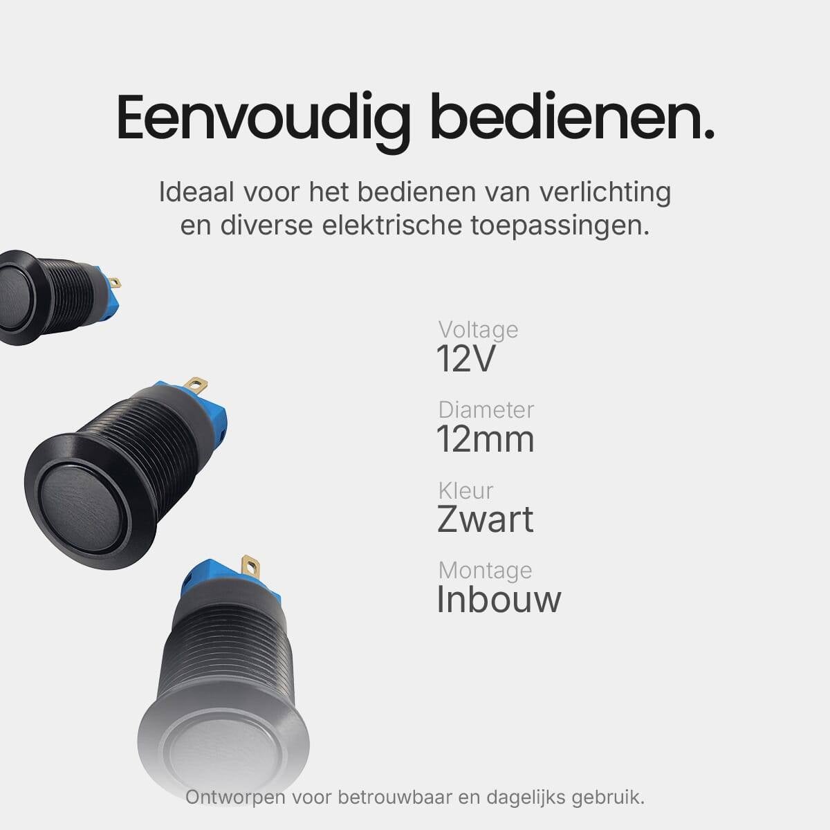 ProRide Pulsschakelaar OFF-(ON) - 12V/5A - Inbouw-Ø12mm - Met Aansluitkabel - Zwart - 3 Stuks-2
