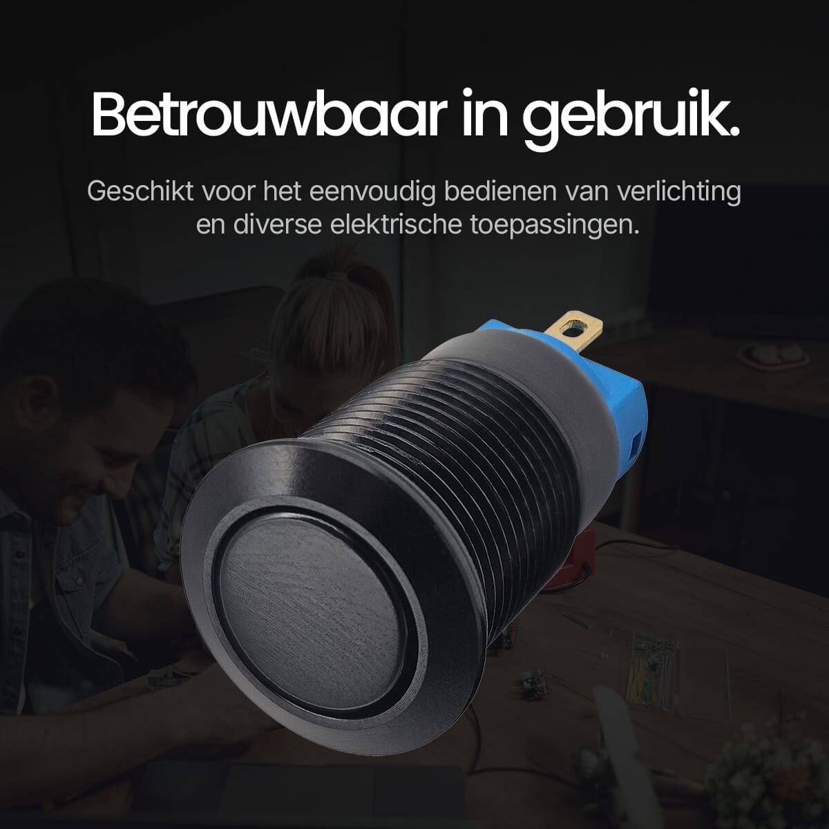 ProRide Pulsschakelaar OFF-(ON) - 12V/5A - Inbouw-Ø12mm - Met Aansluitkabel - Zwart - 3 Stuks-4