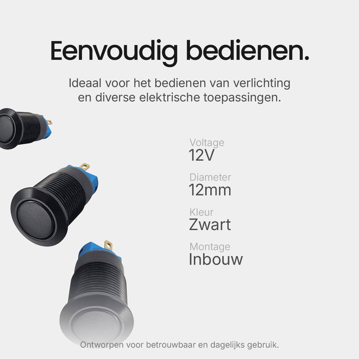 ProRide Mini Drukschakelaar ON-OFF - 12V/5A - Inbouw-Ø12mm - Met Aansluitkabel - Zwart - 3 Stuks-2