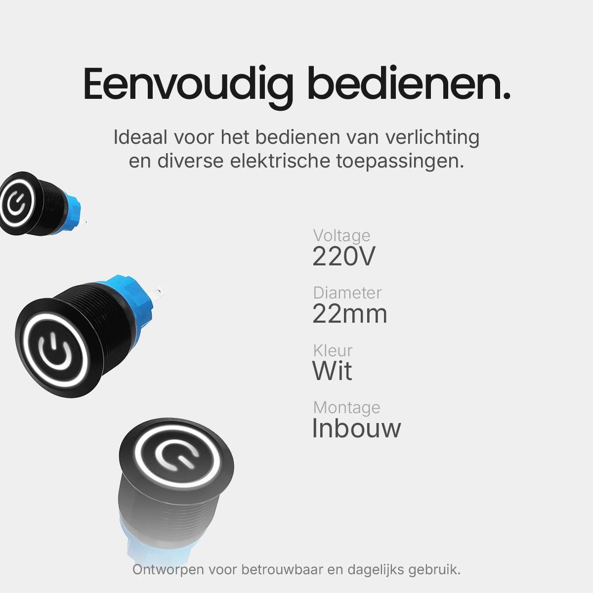 ProRide Drukschakelaar ON-OFF - 220V/5A - Inbouw-Ø22mm - Waterdicht - LED-Ring - Wit - 5 Stuks-2