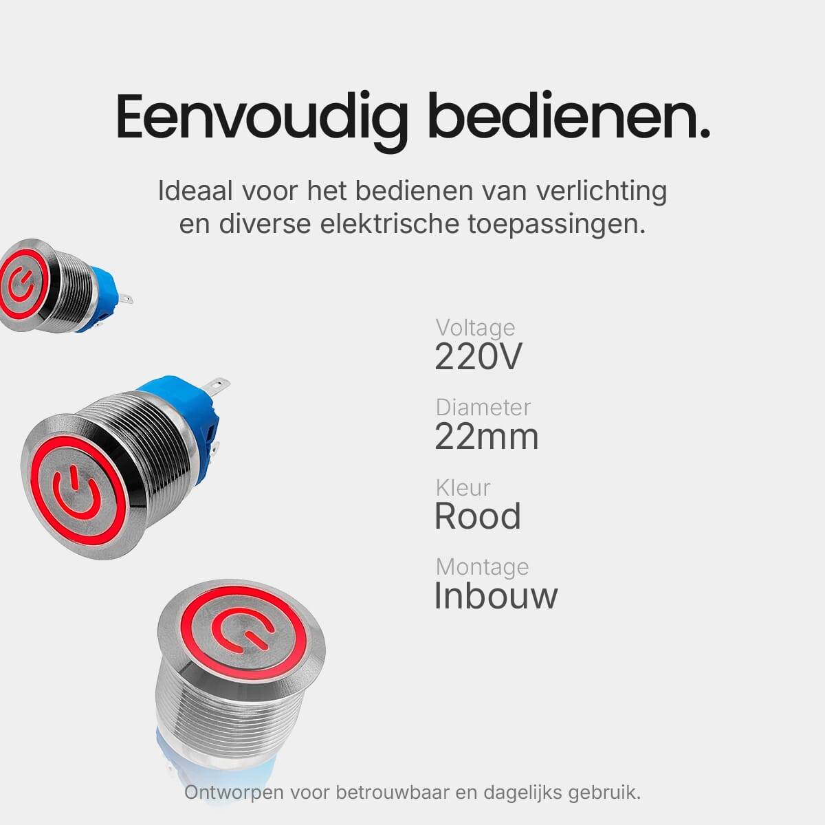 ProRide Drukschakelaar ON-OFF - 220V/5A - Inbouw-Ø22mm - Waterdicht - LED-Ring - Rood - 5 Stuks-2