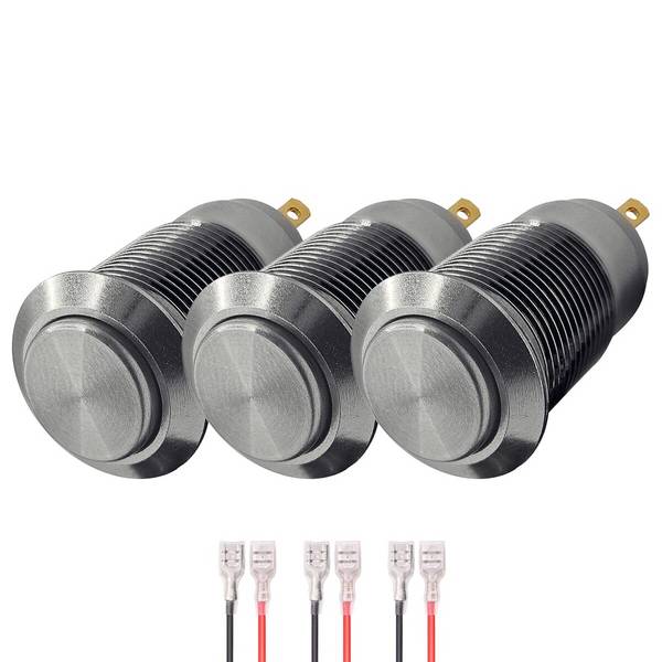 ProRide Mini Drukschakelaar ON-OFF - 12V/5A - Inbouw-Ø12mm - Met Aansluitkabel - Zilver - 3 Stuks