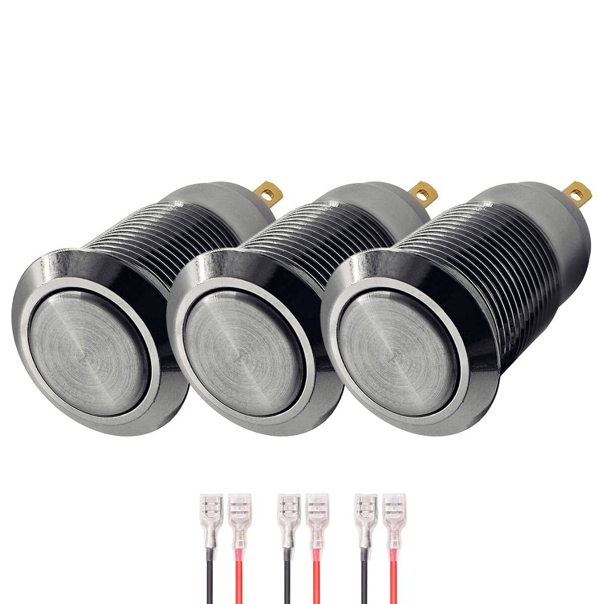 ProRide Pulsschakelaar OFF-(ON) - 12V/5A - Inbouw-Ø12mm - Met Aansluitkabel - Zilver - 3 Stuks-0