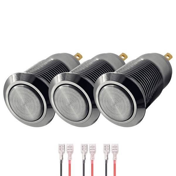 ProRide Pulsschakelaar OFF-(ON) - 12V/5A - Inbouw-Ø12mm - Met Aansluitkabel - Zilver - 3 Stuks