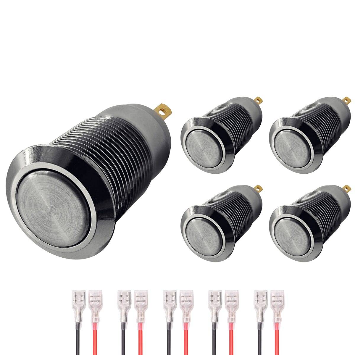 ProRide Pulsschakelaar OFF-(ON) - 12V/5A - Inbouw-Ø12mm - Met Aansluitkabel - Zilver - 5 Stuks-0