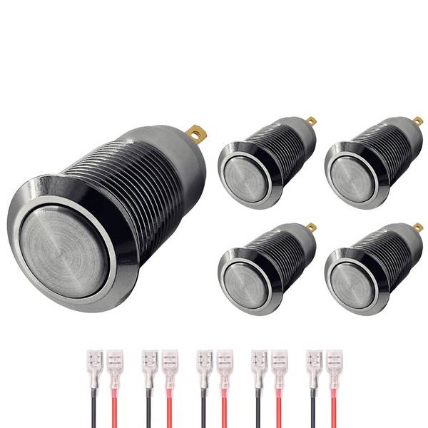 ProRide Pulsschakelaar OFF-(ON) - 12V/5A - Inbouw-Ø12mm - Met Aansluitkabel - Zilver - 5 Stuks