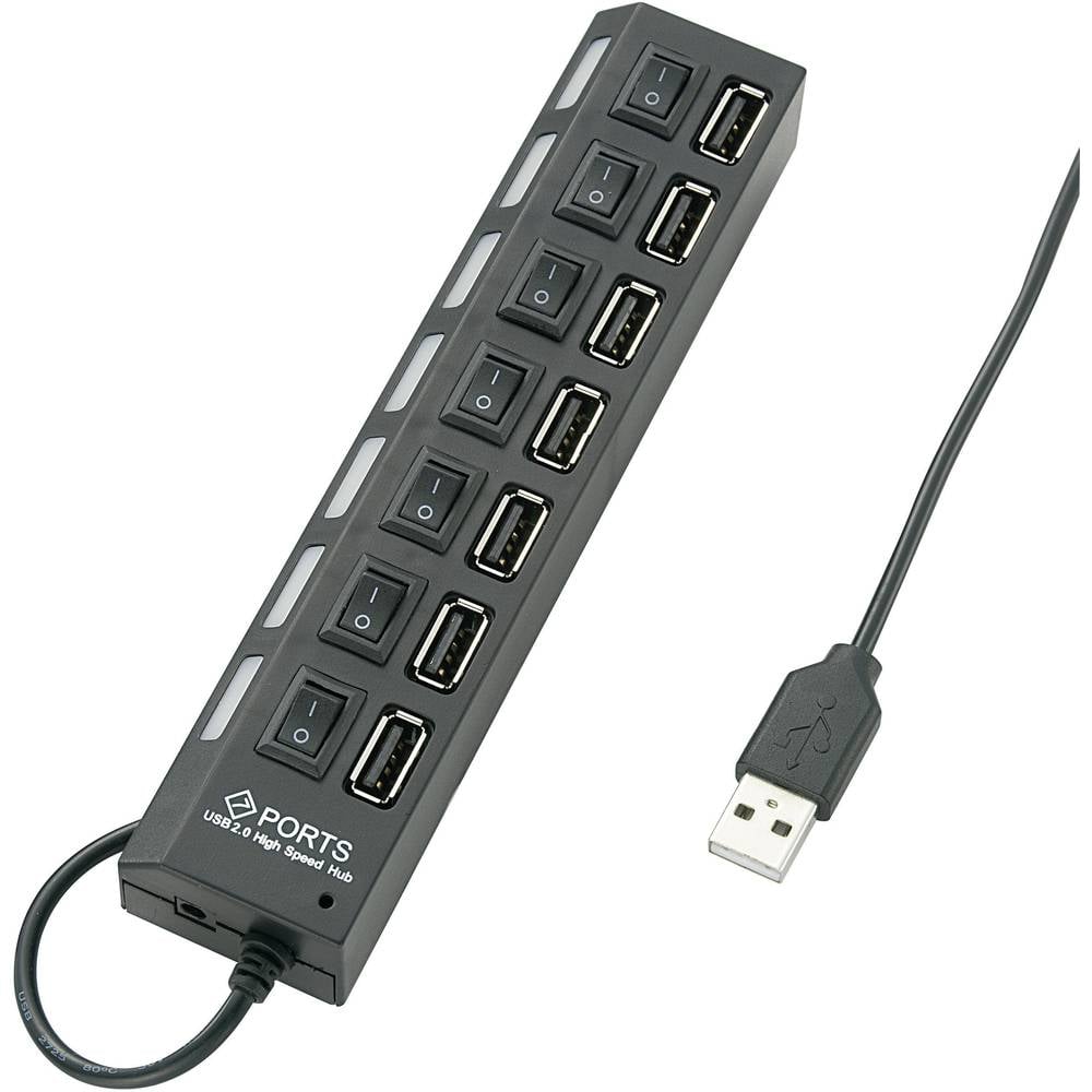 USB 2.0-hub 7 poorten Individueel schakelbaar, Met status-LEDs Zwart