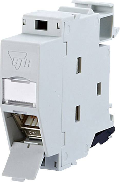 Een grijs RJ45-keystone-module voor DIN-railmontage. Het maakt de eenvoudige installatie van een netwerkkabel in een schakelkast mogelijk.