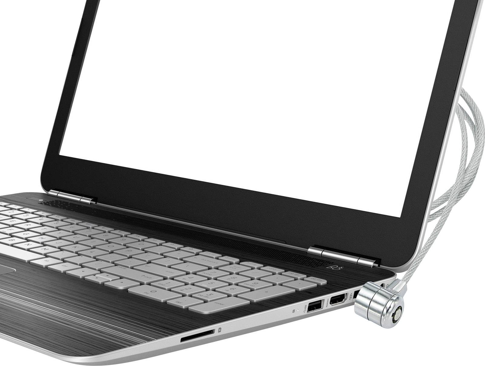 Laptop met een beveiligingsslot aan de linkerkant; bevestigd aan een tafel ter voorkoming van diefstal.