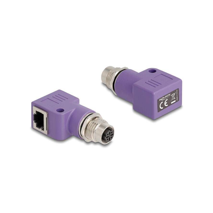 Delock M12 Adapter D-coded 4 pin female to RJ45 jack Cat.5e with mounting hole 90° angled violet