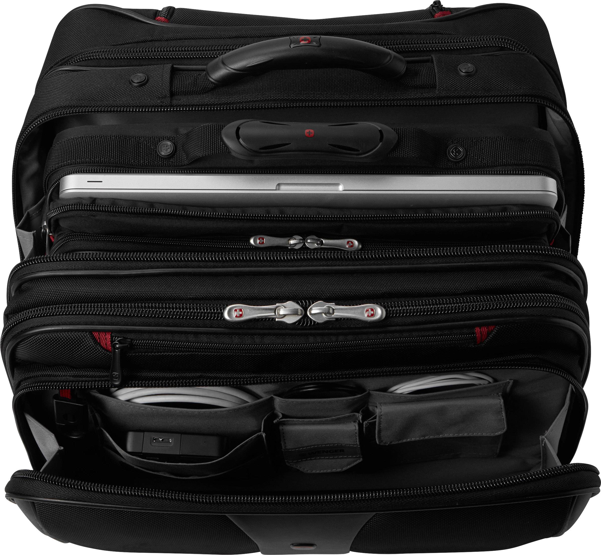 Opengeritste zwarte aktetas met laptopvak, meerdere compartimenten en ritssluitingen; inhoud zichtbaar, inclusief een laptop.