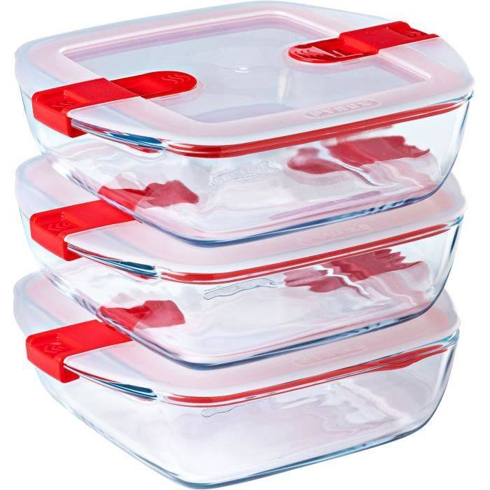 PYREX Set van 3 Lunchdozen - Cook & Heat - Glas - Vierkant - Luchtdichte Deksel met Stoomventiel - 1 L-0