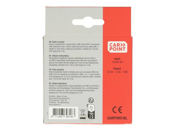 Carpoint Inbouwcontactdoos USB-A + USB-C 12/24V