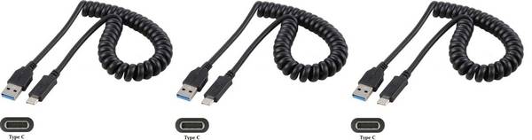 3 stuks OneOne 0,4m USB C spiraal kabel. Sterke laadkabel voor de auto. Oplaadkabel snoer past op Universeel Microsoft,