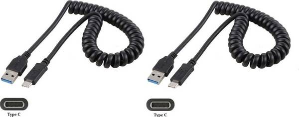 2 stuks OneOne 0,4m USB C spiraal kabel. Sterke laadkabel voor de auto. Oplaadkabel snoer past op Universeel Asus, ZTE,