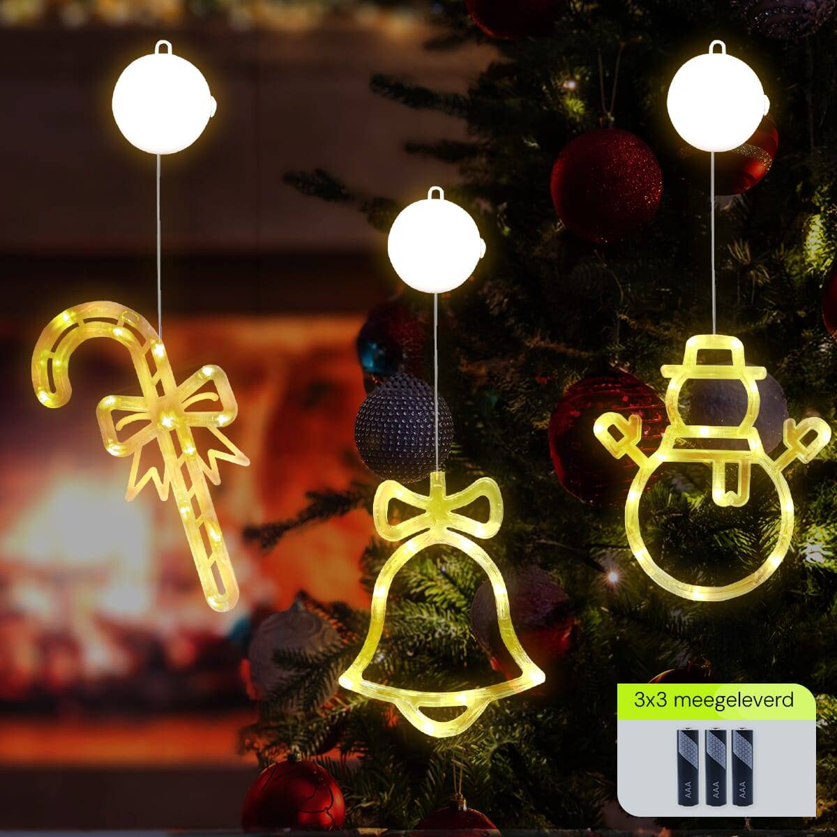 Kerstverlichting Raam Sneeuwpop met Twee Armen + Zuurstok + Kerstbel - ø18cm - Inclusief Batterijen - Kerstversiering-1