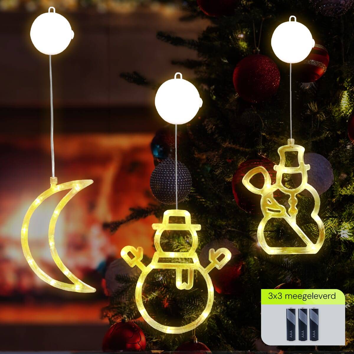 Kerstverlichting Raam Sneeuwpop met Bezem + Sneeuwpop met Twee Armen + Maan - ø18cm - Inclusief Batterijen --1