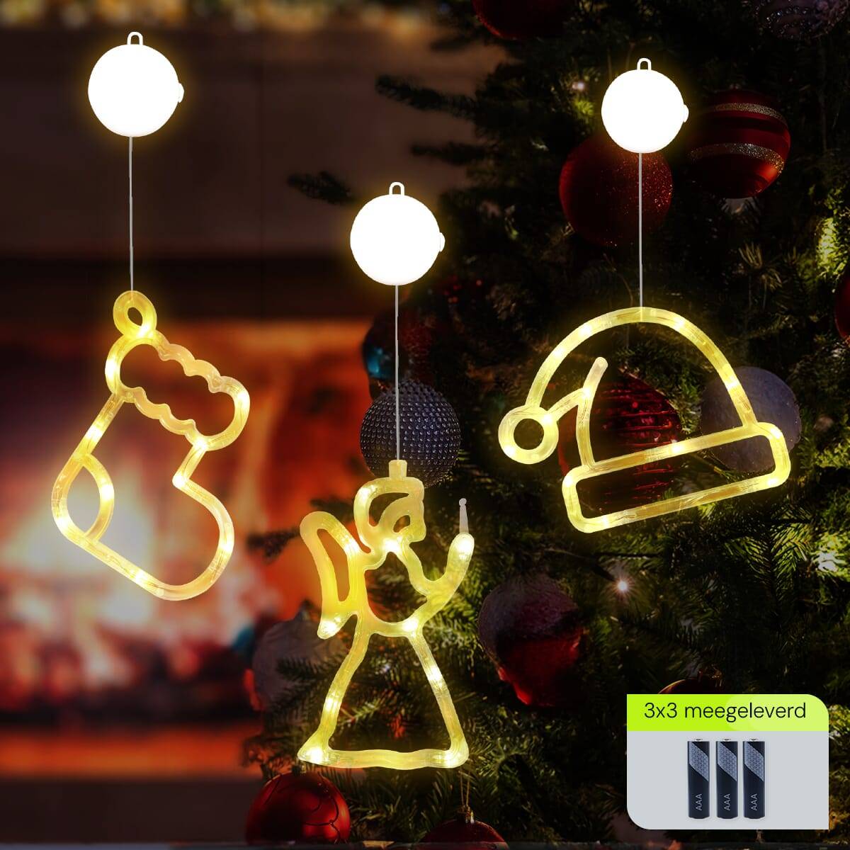 Kerstverlichting Raam Kerstengel + Kerstsok + Kerstmuts - ø18cm - Inclusief Batterijen - Kerstversiering met Zuignap-1