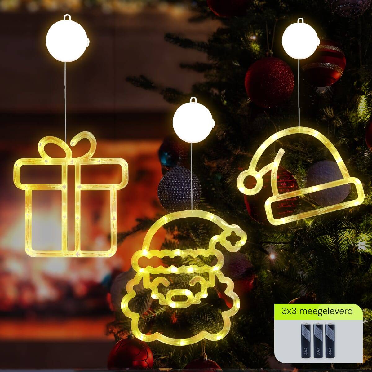 Kerstverlichting Raam Kerstman Gezicht + Kerstmuts + Kerstcadeau - ø18cm - Inclusief Batterijen - Kerstversiering met-1