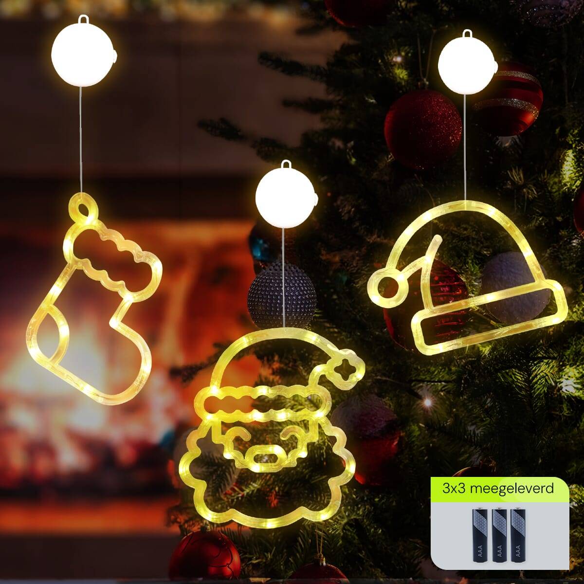 Kerstverlichting Raam Kerstman Gezicht + Kerstsok + Kerstmuts - ø18cm - Inclusief Batterijen - Kerstversiering met-1