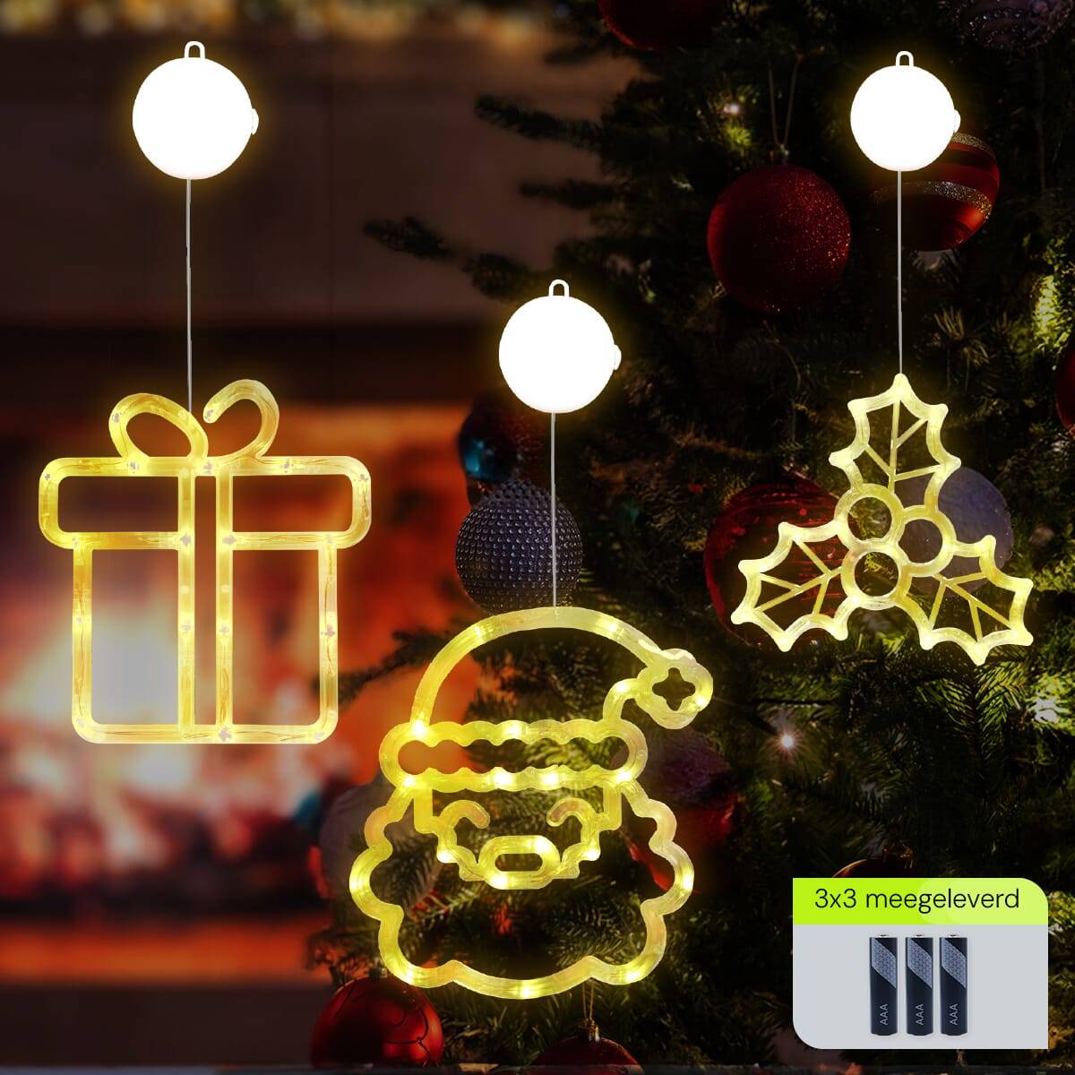 Kerstverlichting Raam Kerstman Gezicht + Kerstcadeau + Mistletoe - ø18cm - Inclusief Batterijen - Kerstversiering met-1