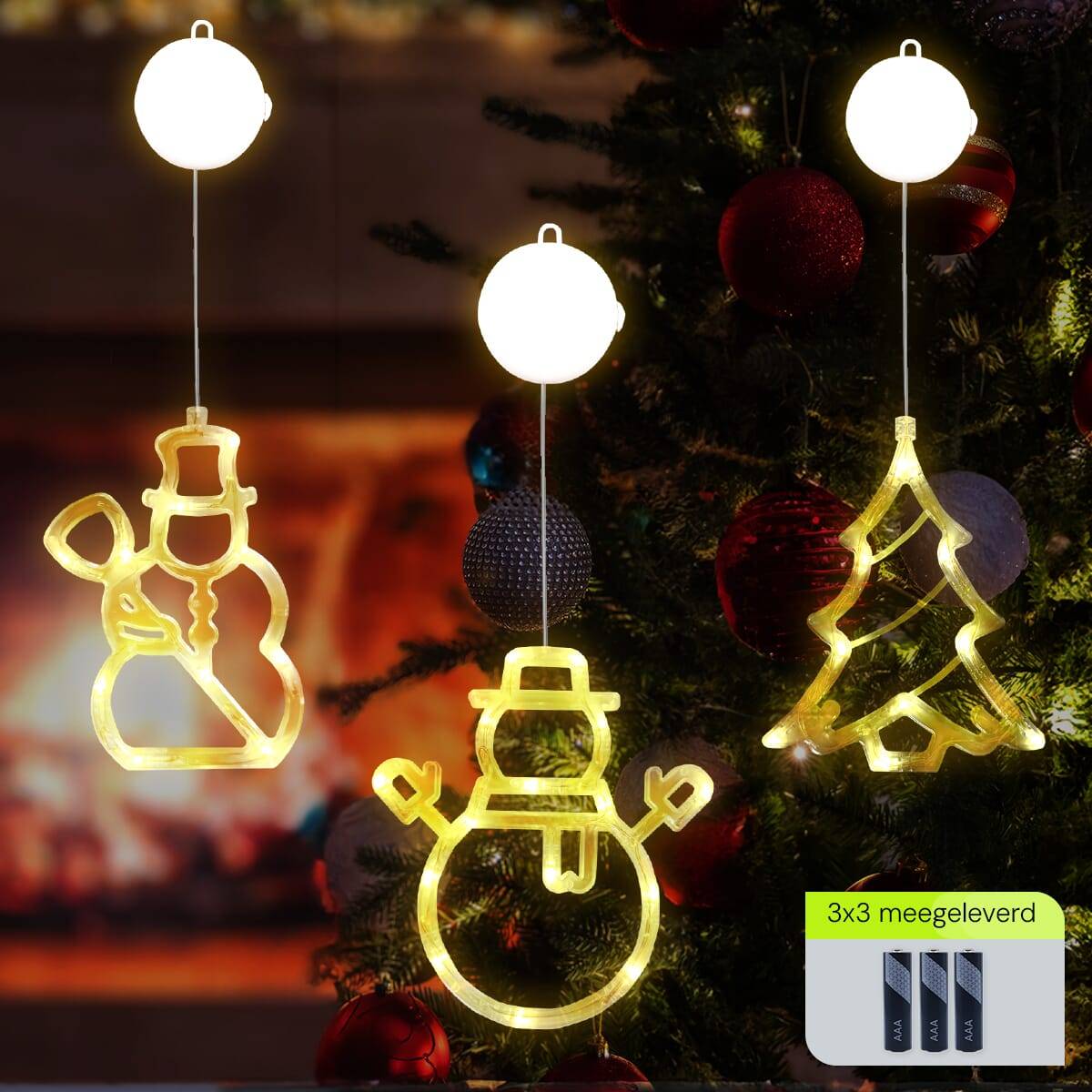 Kerstverlichting Raam Kerstboom + Sneeuwpop met Bezem + Sneeuwpop met Twee Armen - ø18cm - Inclusief Batterijen --1